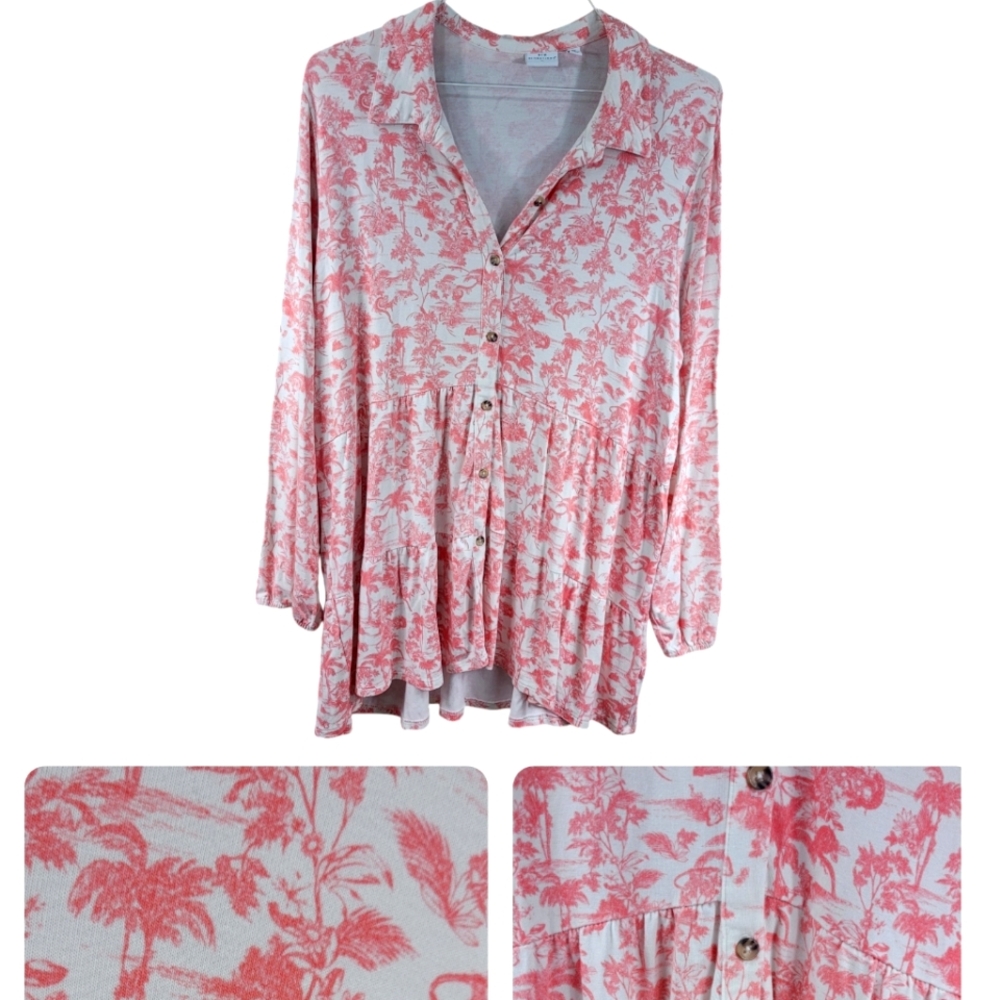 New Directions 1X Blouse Top Curvy Stretch Tunic Pink White Palm Tree Design EUC